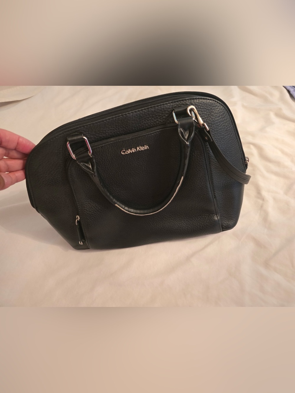 Calvin Klein Black Pebbled Leather Satchel with Silver Hardware